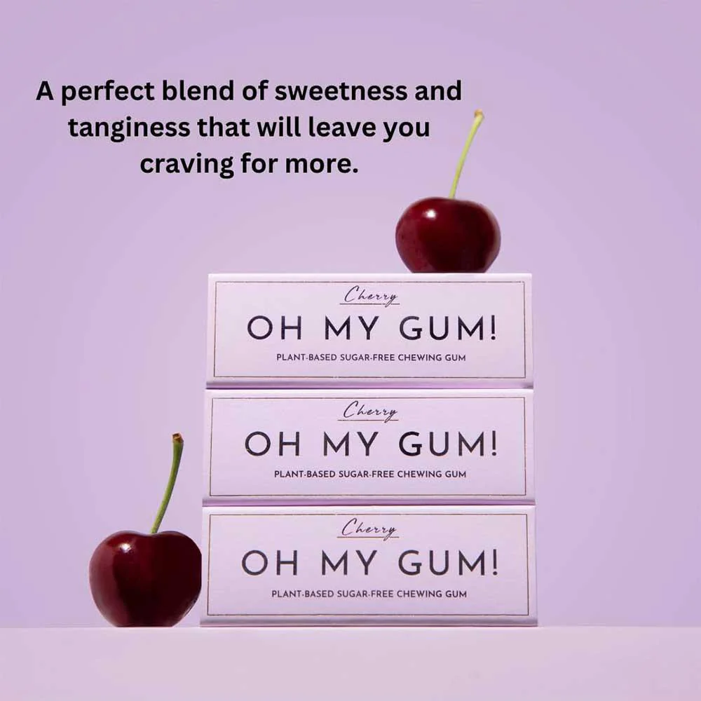 Oh My Gum! Cherry Flavoured Plant Based Chewing Gum 10 Pieces - Image 2